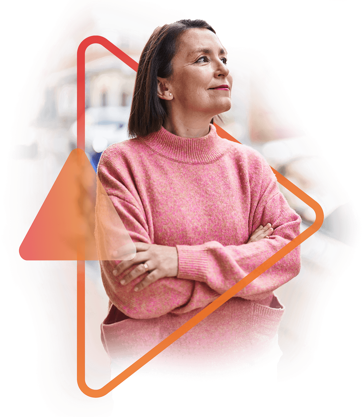 Confident woman in pink sweater and crossed arms, framed by geometric design.    Models are used for illustrative purposes only. 
