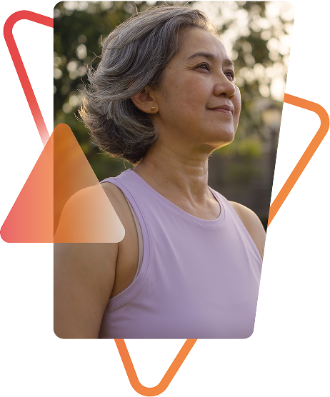 Woman in purple top smiling, framed by geometric design. Models are used for illustrative purposes only. 