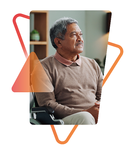 Mature man in beige sweater, framed by geometric design. Models are used for illustrative purposes only.
