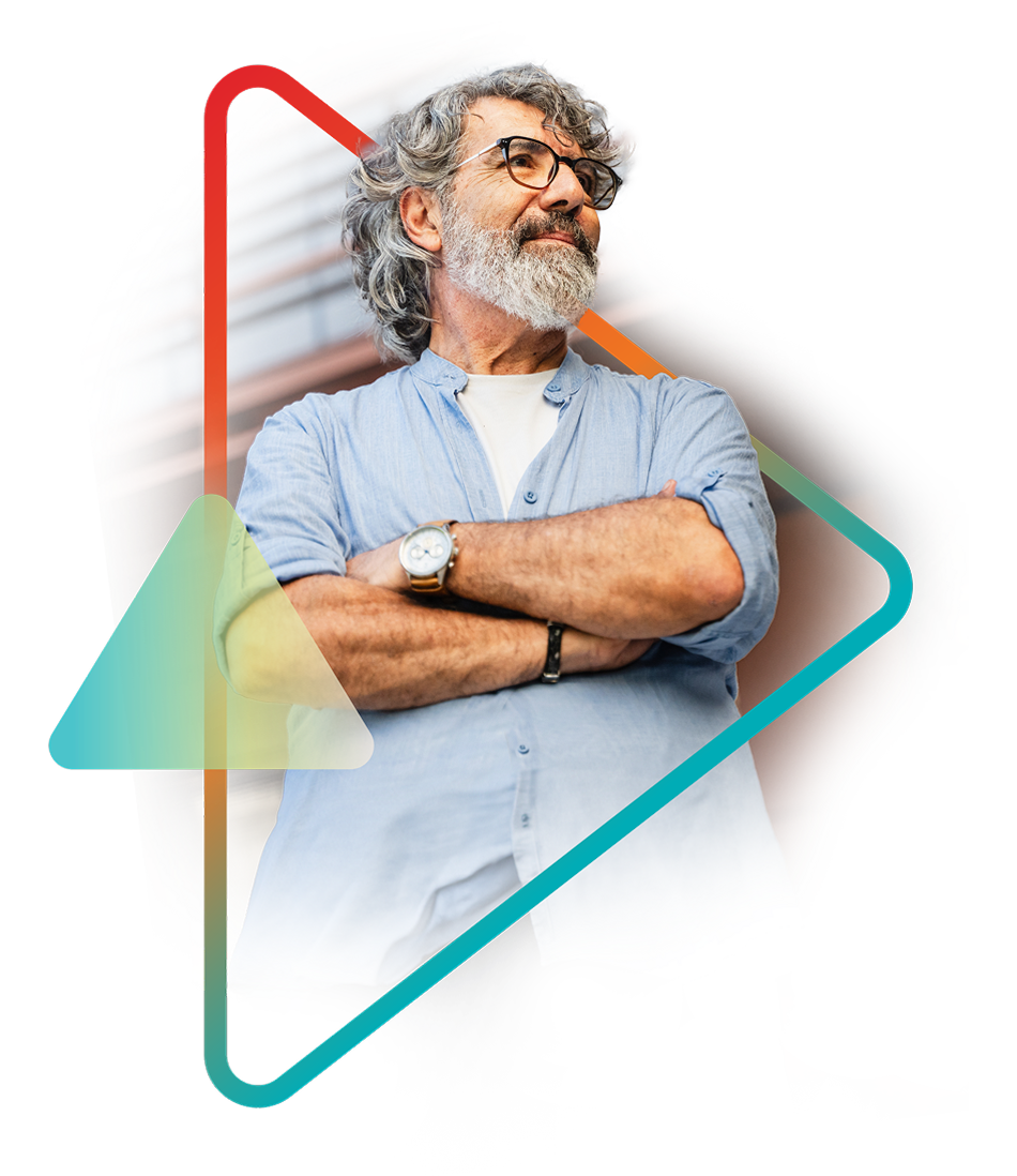 Mature man with gray beard in light blue shirt, arms crossed, looking upward confidently, framed by geometric design. Models are used for illustrative purposes only. 