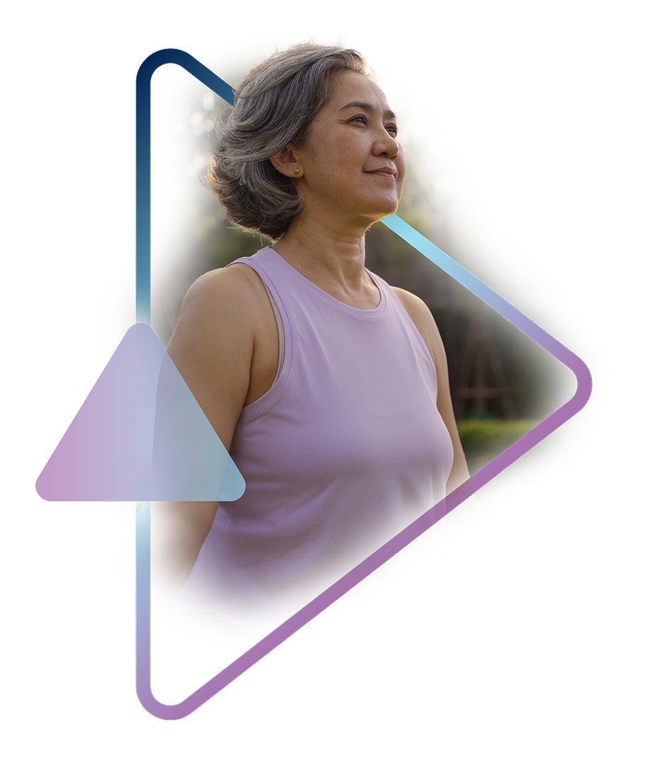 Woman in purple top smiling, framed by geometric design. Models are used for illustrative purposes only. 