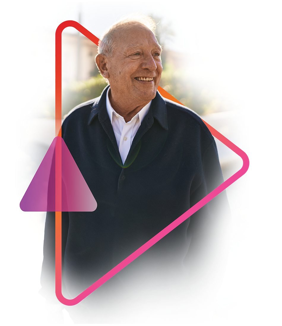 Professional senior man in blazer with confident smile, framed by geometric design. Models are used for illustrative purposes only.