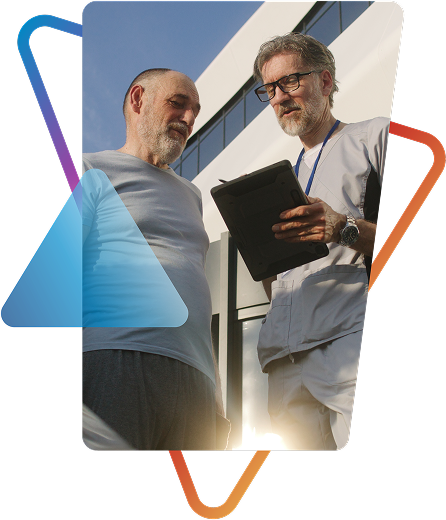 Healthcare provider in gray scrubs with tablet consulting with patient, framed by geometric design. Models are used for illustrative purposes only.