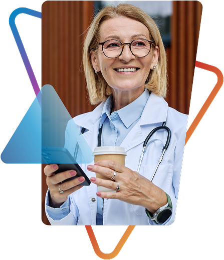 Healthcare provider in white coat with glasses and stethoscope holding, framed by geometric design. Models are used for illustrative purposes only. 