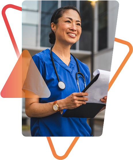 Healthcare professional in blue scrubs holding chart, framed by geometric design. Models are used for illustrative purposes only.