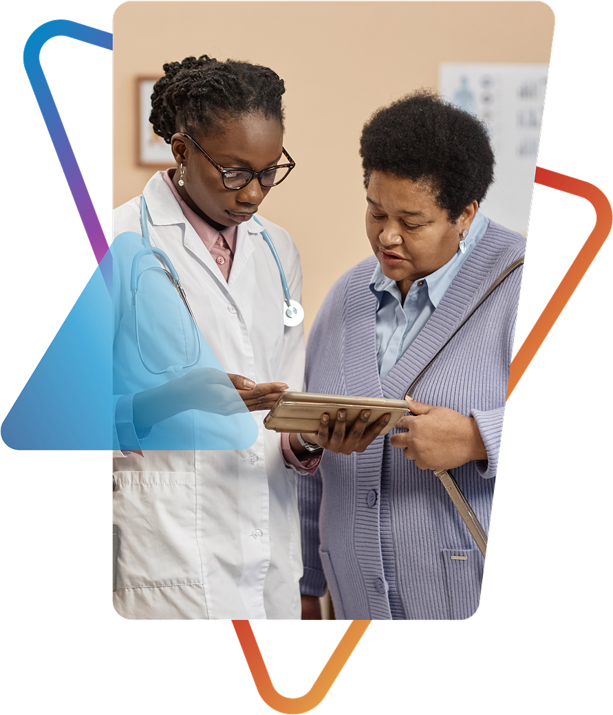 Healthcare provider in white coat with stethoscope reviewing document with patient in clinical setting, framed by geometric design. Models are used for illustrative purposes only. 