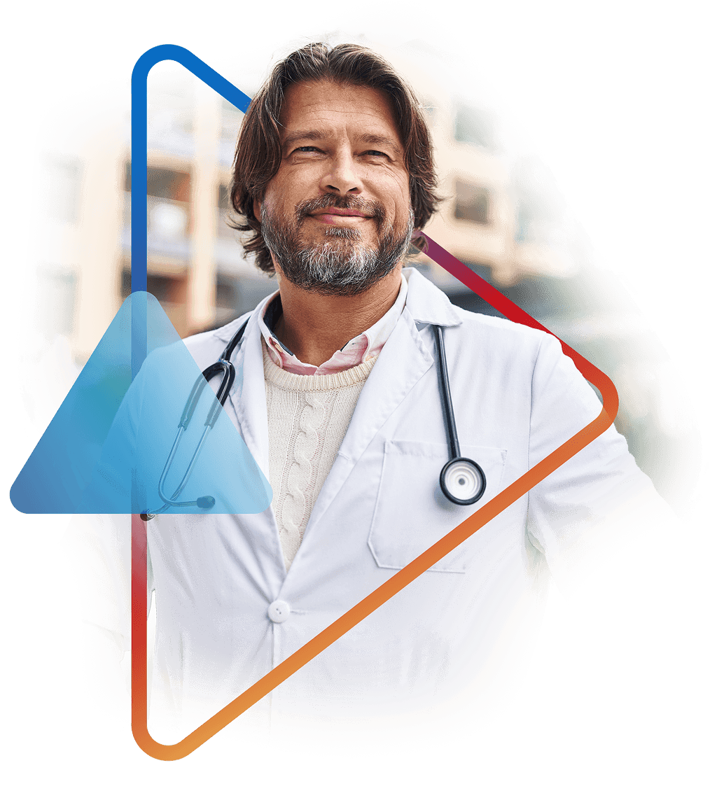 Healthcare provider in white coat with stethoscope, framed by geometric design. Models are used for illustrative purposes only. 